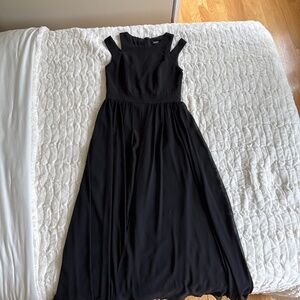 Woman Black Jumpsuit Walk-thru SLNY Sheer Maxi Skirt Overlay